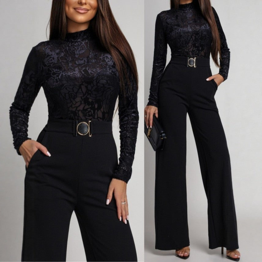 Womens SpringAutumn Lace-Panel Long-Sleeve Jumpsuit