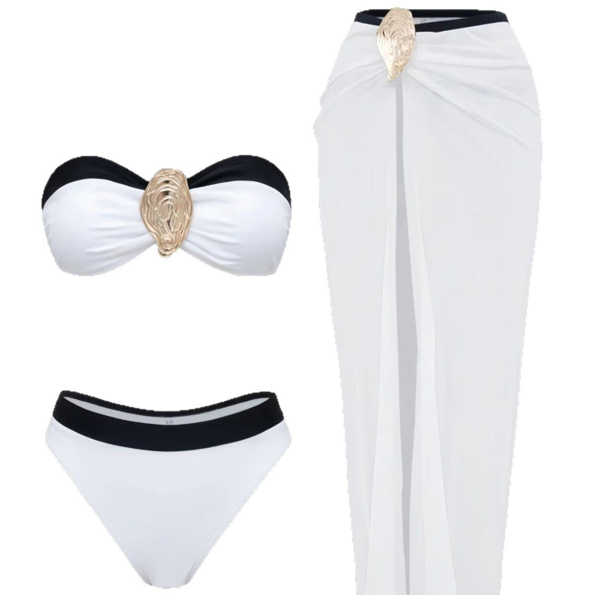 Beach Vacation Bikini Solid-Color 3-Piece Set Long Skirt Two-Piece Swimsuit Combo