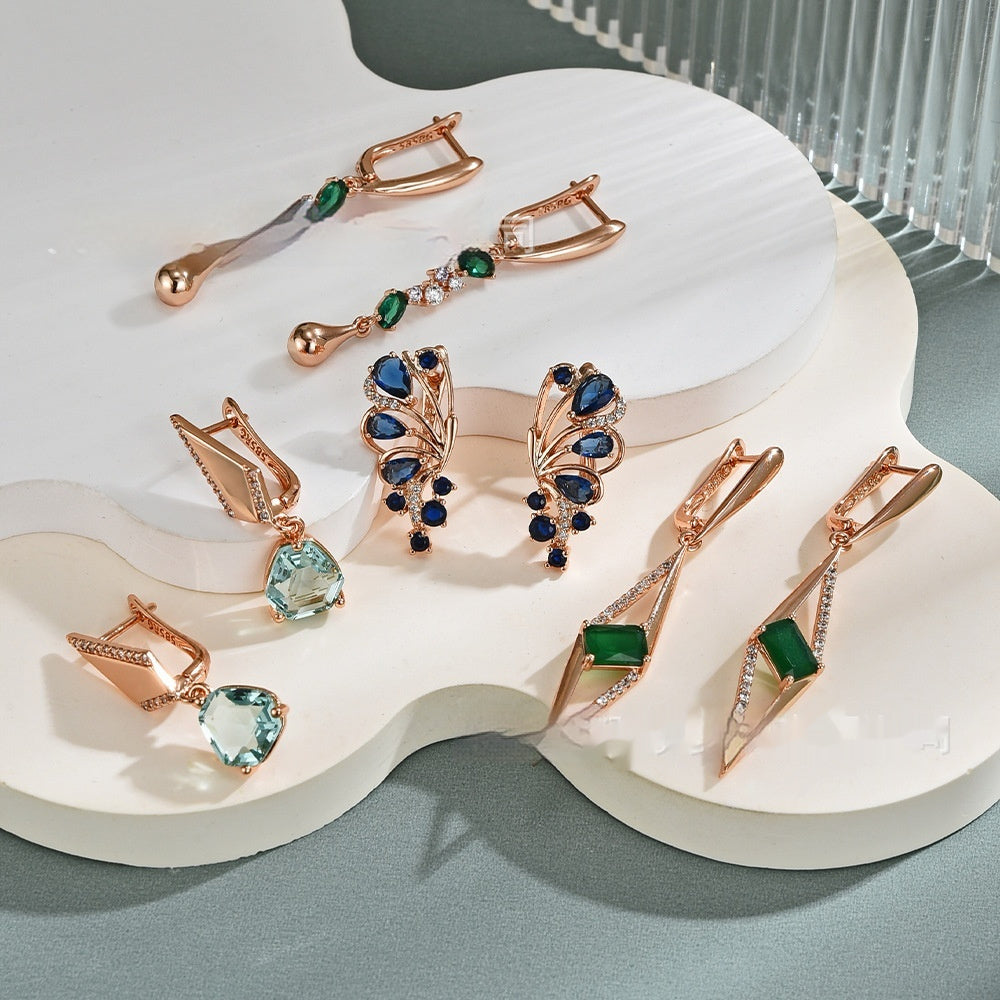 Womens Purple-Gold Plated Statement Earrings With Zircon Inlays