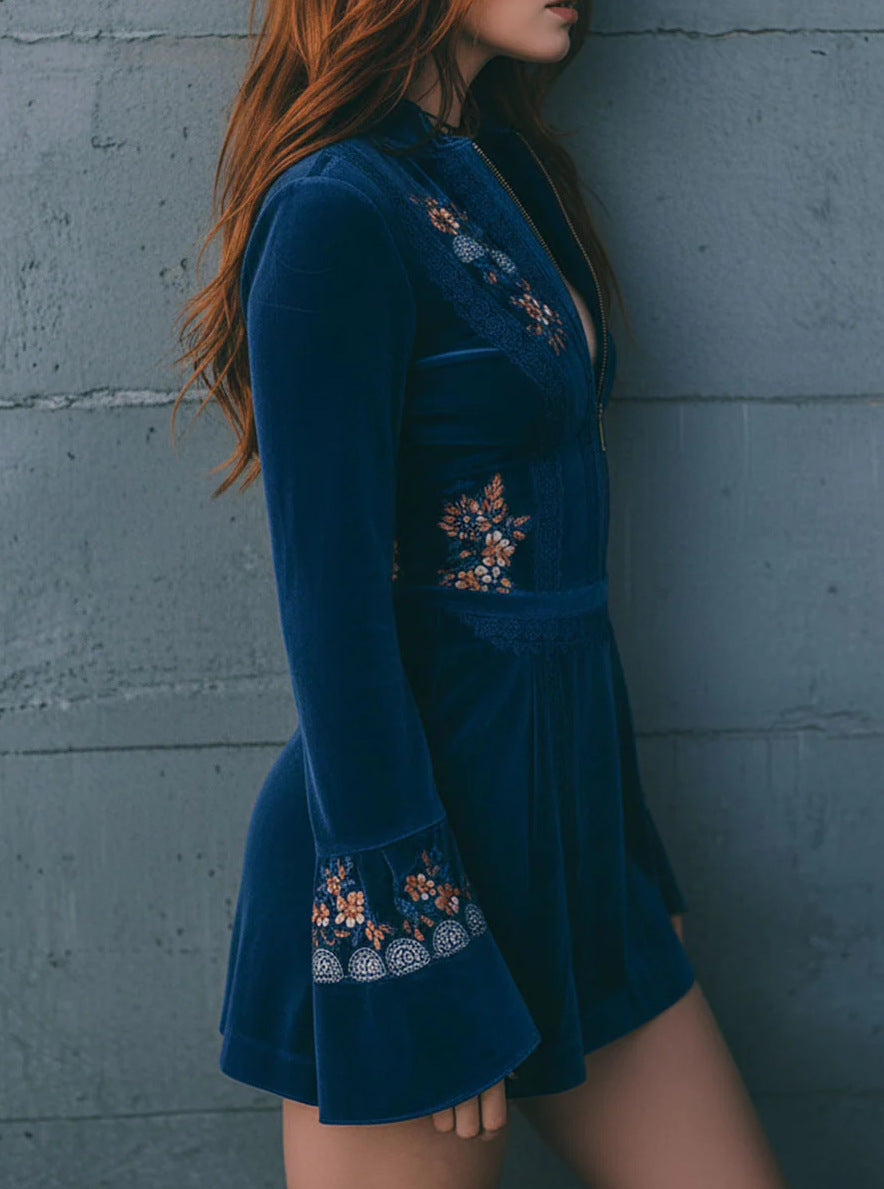 Female Zipper V-neck Blue Embroidered Dress