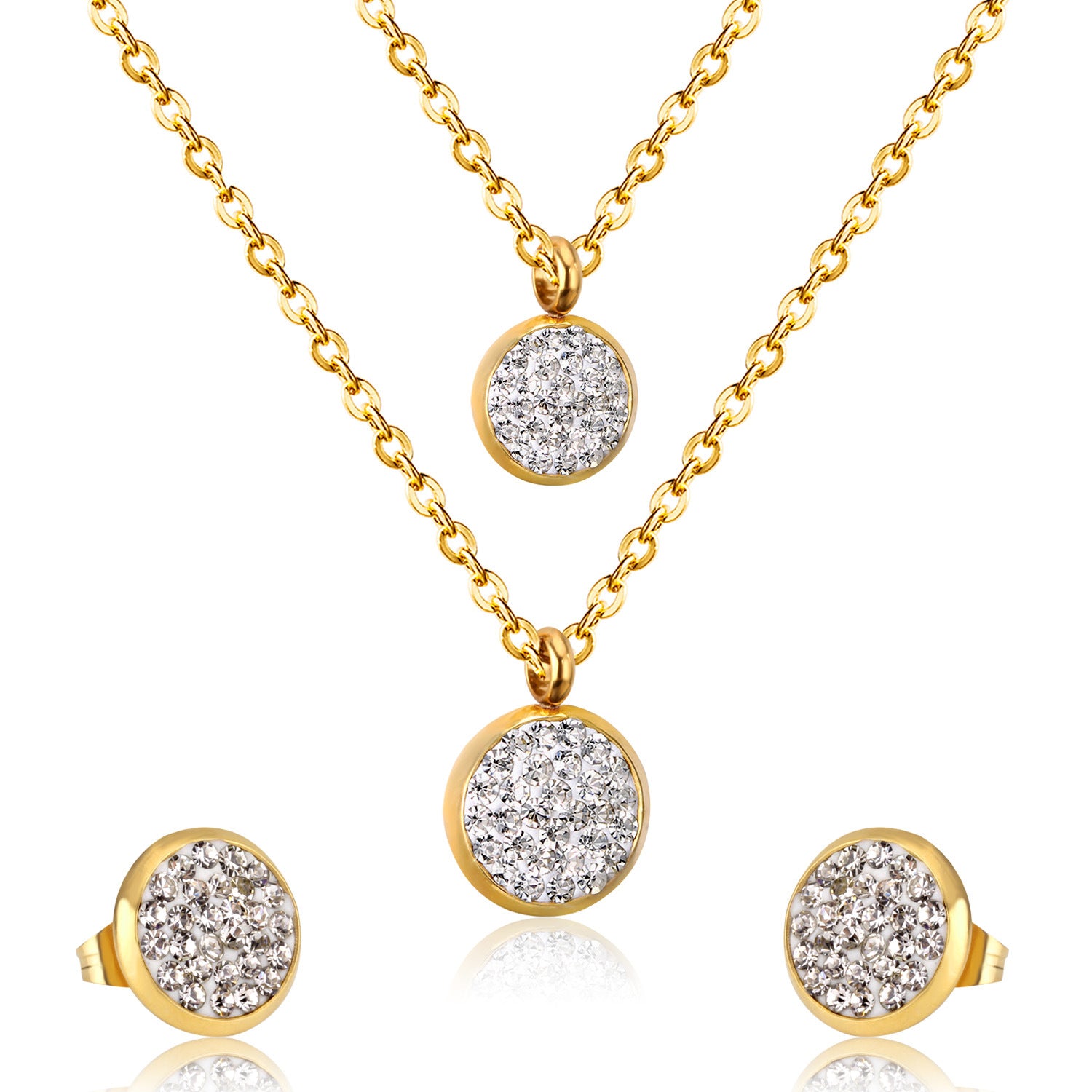 White Mud Pendant Double Chain Gold Stainless Steel Jewelry Set For Women