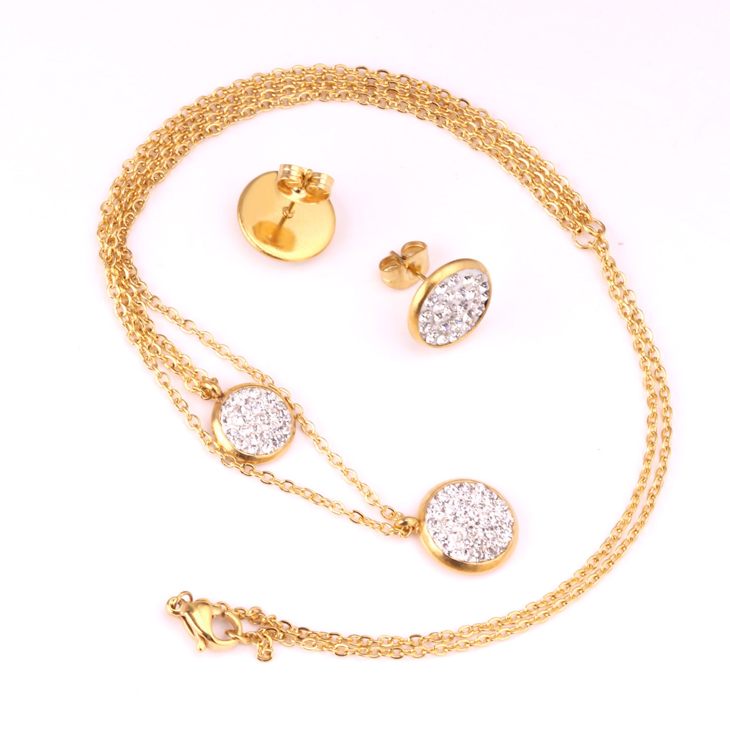 White Mud Pendant Double Chain Gold Stainless Steel Jewelry Set For Women