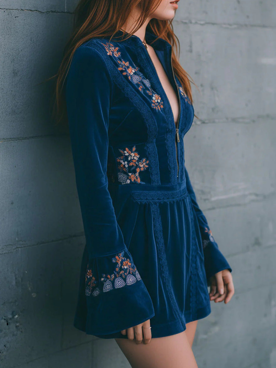 Female Zipper V-neck Blue Embroidered Dress