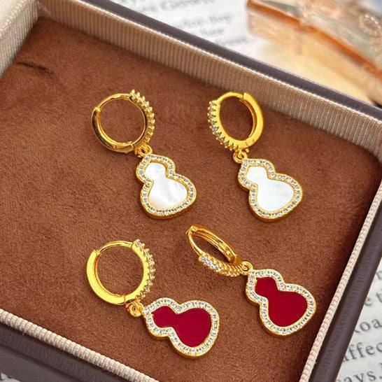 Womens Diamond-Embellished Fortune Gourd Earrings